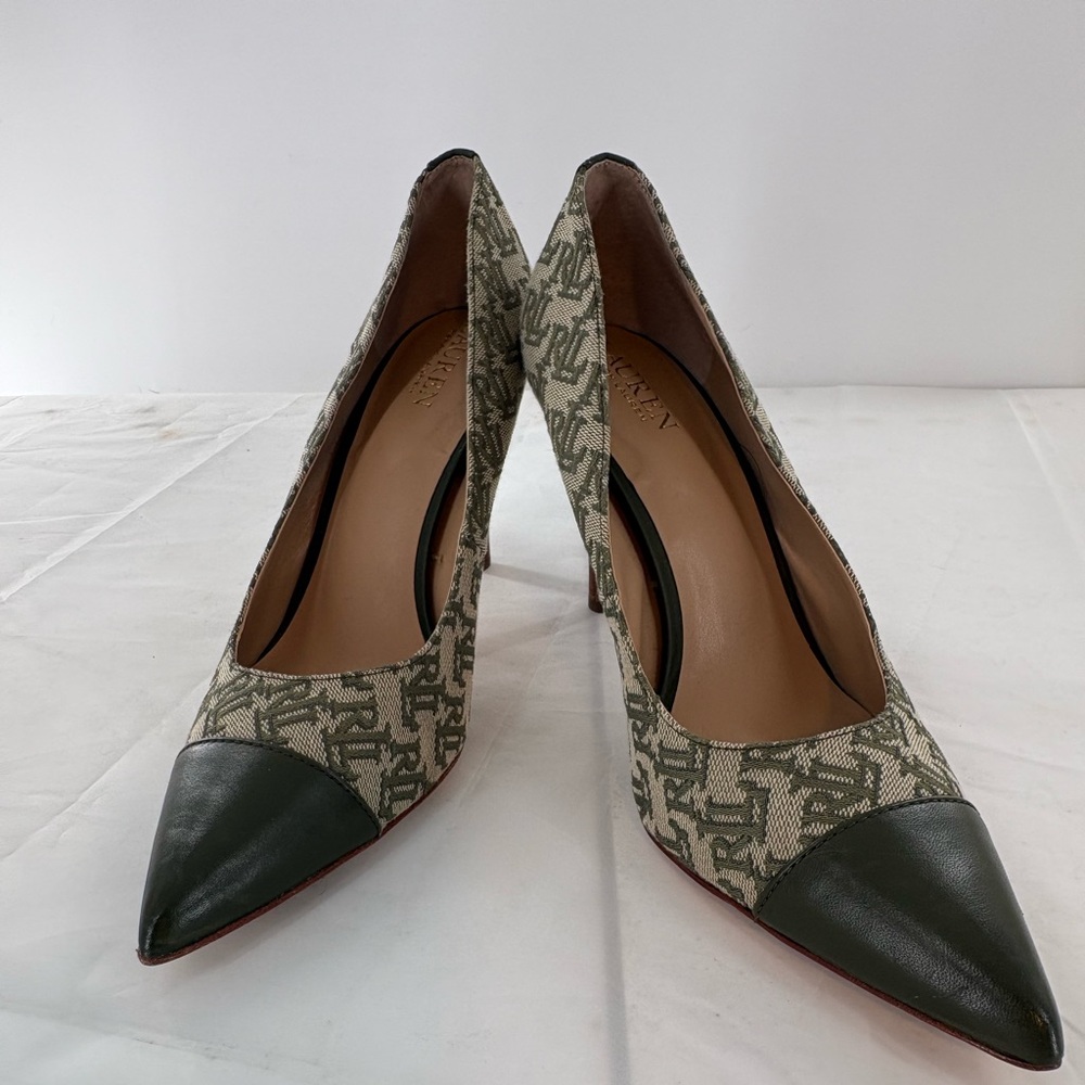 Lauren Ralph Lauren Lindella Monogram Jacquard Cap Toe Pumps Khaki/Green SZ 10B